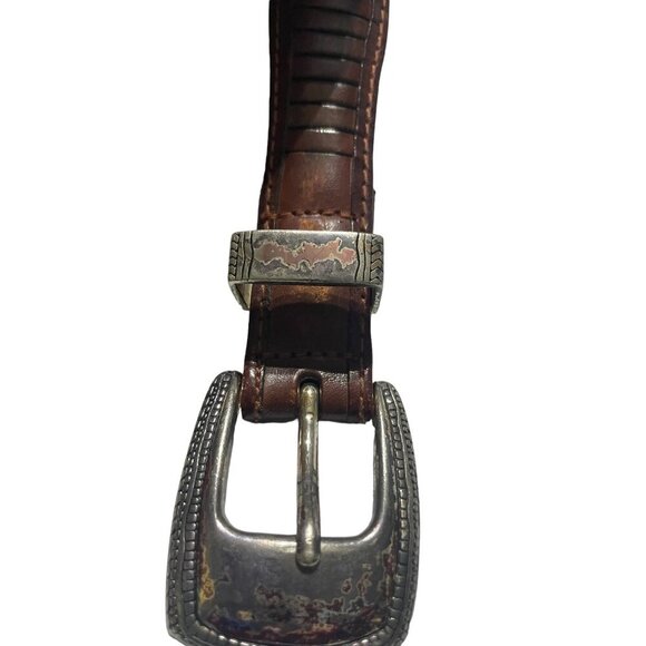 Vintage Brown Leather Belt With Silver-Tone Buckle & Detailing Made In China Siz - Picture 1 of 4